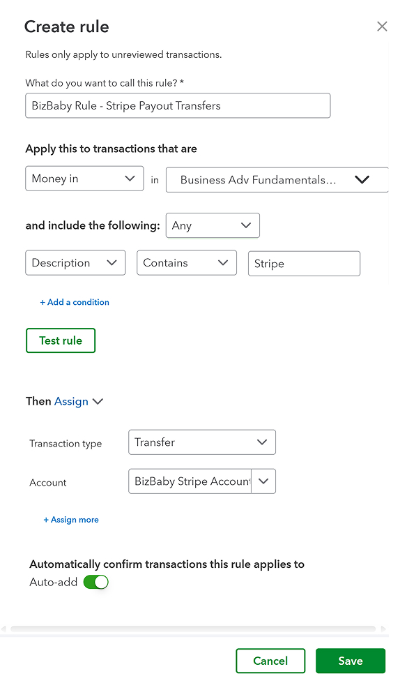 Creating a bank rule in QuickBooks Online