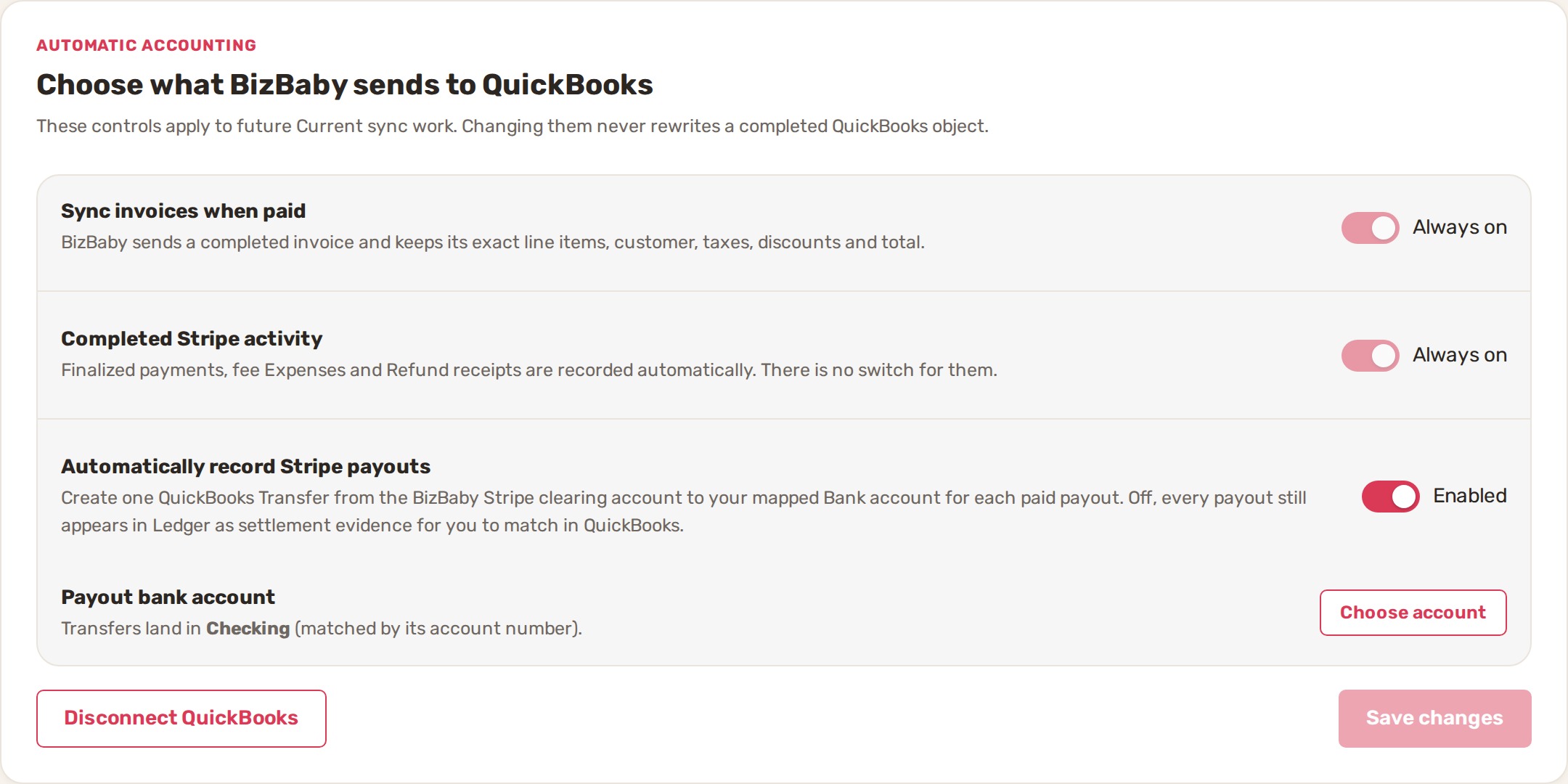 Enabling the QuickBooks integration settings