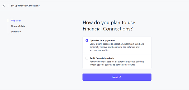 Instructions on how to setup Financial Connections for Instant Bank Verification